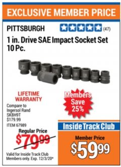 Harbor Freight ITC Coupon 10 PIECE 1" DRIVE IMPACT SOCKET SETS Lot No. 69516/67989/67987/69517 Expired: 12/3/20 - $59.99