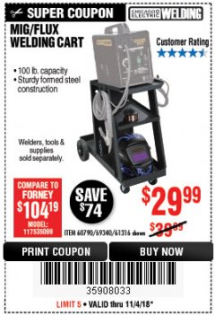 Harbor Freight Coupon MIG-FLUX WELDING CART Lot No. 69340/60790/90305/61316 Expired: 11/4/18 - $29.99