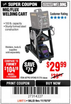 Harbor Freight Coupon MIG-FLUX WELDING CART Lot No. 69340/60790/90305/61316 Expired: 11/18/18 - $29.99