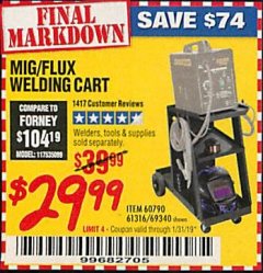 Harbor Freight Coupon MIG-FLUX WELDING CART Lot No. 69340/60790/90305/61316 Expired: 1/19/19 - $29.99