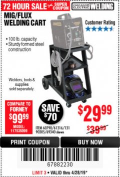 Harbor Freight Coupon MIG-FLUX WELDING CART Lot No. 69340/60790/90305/61316 Expired: 4/28/19 - $29.99