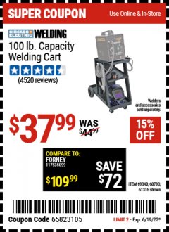Harbor Freight Coupon MIG-FLUX WELDING CART Lot No. 69340/60790/90305/61316 Expired: 6/19/22 - $37.99