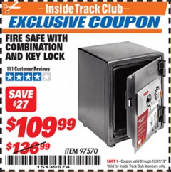 Harbor Freight ITC Coupon FIRE SAFE WITH COMBINATION AND KEY LOCK Lot No. 97570 Expired: 12/31/19 - $109.99