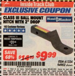 Harbor Freight ITC Coupon CLASS III BALL MOUNT HITCH WITH 2" DROP Lot No. 61324, 94902 Expired: 7/31/19 - $9.99