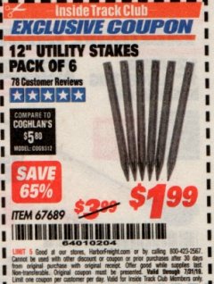 Harbor Freight ITC Coupon 12" UTILITY STAKES PACK OF 6 Lot No. 67689 Expired: 7/31/19 - $1.99