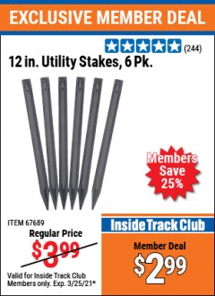 Harbor Freight ITC Coupon 12" UTILITY STAKES PACK OF 6 Lot No. 67689 Expired: 3/25/21 - $2.99