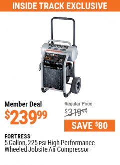 Harbor Freight ITC Coupon FORTRESS 5 GALLON 1.6 HP HIGH PERFORMANCE OIL-FREE AIR COMPRESSOR Lot No. 56402 Expired: 5/31/21 - $239.99