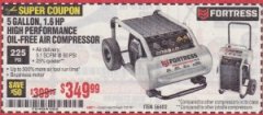 Harbor Freight Coupon FORTRESS 5 GALLON 1.6 HP HIGH PERFORMANCE OIL-FREE AIR COMPRESSOR Lot No. 56402 Expired: 11/14/19 - $349.99