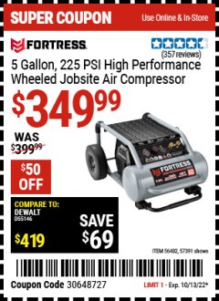 Harbor Freight Coupon FORTRESS 5 GALLON 1.6 HP HIGH PERFORMANCE OIL-FREE AIR COMPRESSOR Lot No. 56402 Expired: 10/13/22 - $349.99