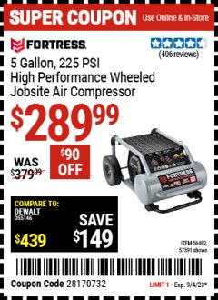 Harbor Freight Coupon FORTRESS 5 GALLON 1.6 HP HIGH PERFORMANCE OIL-FREE AIR COMPRESSOR Lot No. 56402 Expired: 9/4/23 - $289.99