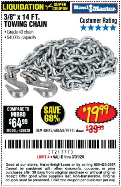 Harbor Freight Coupon 3/8" X 14 FT. TOWING CHAIN Lot No. 40462/60658/97711 Expired: 3/31/20 - $19.99