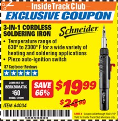 Harbor Freight ITC Coupon 3-IN-1 CORDLESS SOLDERING IRON Lot No. 64034 Expired: 10/31/19 - $19.99