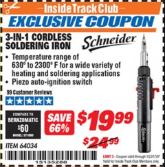 Harbor Freight ITC Coupon 3-IN-1 CORDLESS SOLDERING IRON Lot No. 64034 Expired: 12/31/19 - $19.99