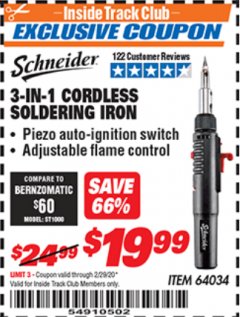 Harbor Freight ITC Coupon 3-IN-1 CORDLESS SOLDERING IRON Lot No. 64034 Expired: 2/29/20 - $19.99
