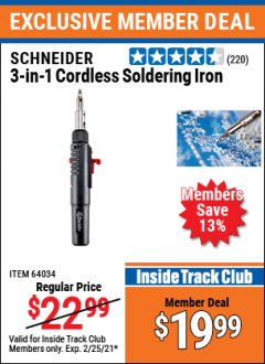 Harbor Freight ITC Coupon 3-IN-1 CORDLESS SOLDERING IRON Lot No. 64034 Expired: 2/25/21 - $19.99