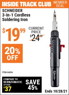 Harbor Freight ITC Coupon 3-IN-1 CORDLESS SOLDERING IRON Lot No. 64034 Expired: 10/28/21 - $19.99