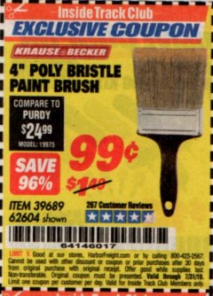 Harbor Freight ITC Coupon 4" POLY BRISTLE PAINT BRUSH Lot No. 39689/62604 Expired: 7/31/19 - $0.99