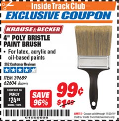 Harbor Freight ITC Coupon 4" POLY BRISTLE PAINT BRUSH Lot No. 39689/62604 Expired: 11/30/19 - $0.99