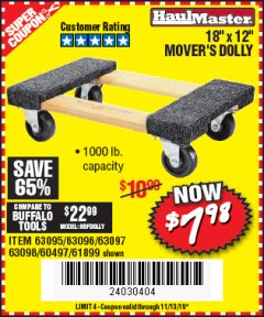 Harbor Freight Coupon 18" X 12" HARDWOOD MOVER'S DOLLY Lot No. 93888/60497/61899/62399/63095/63096/63097/63098 Expired: 11/13/19 - $7.98