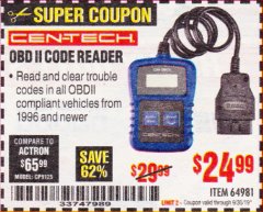 Harbor Freight Coupon OBD II CODE READER Lot No. 64981 Expired: 9/30/19 - $24.99