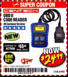 Harbor Freight Coupon OBD II CODE READER Lot No. 64981 Expired: 3/31/20 - $24.99