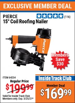 Harbor Freight ITC Coupon 15” COIL ROOFING NAILER Lot No. 64254 Expired: 3/25/21 - $169.99
