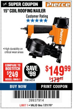 Harbor Freight Coupon 15” COIL ROOFING NAILER Lot No. 64254 Expired: 7/21/19 - $149.99