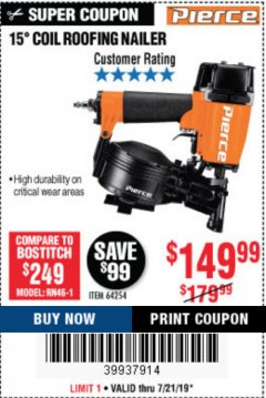 Harbor Freight Coupon 15” COIL ROOFING NAILER Lot No. 64254 Expired: 7/21/19 - $149.99