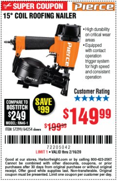 Harbor Freight Coupon 15” COIL ROOFING NAILER Lot No. 64254 Expired: 2/16/20 - $149.99