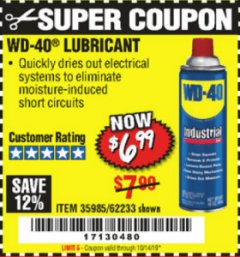 Harbor Freight Coupon WD-40 LUBRICANT Lot No. 35985/62233 Expired: 10/14/19 - $6.99