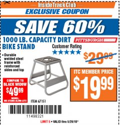 Harbor Freight ITC Coupon 1000 LB. CAPACITY DIRT BIKE STAND Lot No. 67151 Expired: 5/29/18 - $19.99