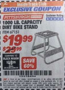 Harbor Freight ITC Coupon 1000 LB. CAPACITY DIRT BIKE STAND Lot No. 67151 Expired: 7/31/18 - $19.99