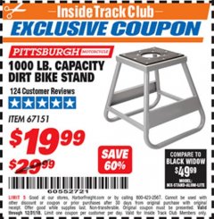 Harbor Freight ITC Coupon 1000 LB. CAPACITY DIRT BIKE STAND Lot No. 67151 Expired: 12/31/18 - $19.99