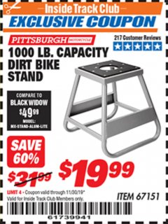 Harbor Freight ITC Coupon 1000 LB. CAPACITY DIRT BIKE STAND Lot No. 67151 Expired: 11/30/19 - $19.99