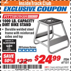 Harbor Freight ITC Coupon 1000 LB. CAPACITY DIRT BIKE STAND Lot No. 67151 Expired: 2/29/20 - $24.99