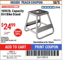 Harbor Freight ITC Coupon 1000 LB. CAPACITY DIRT BIKE STAND Lot No. 67151 Expired: 6/30/20 - $24.99