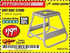 Harbor Freight Coupon 1000 LB. CAPACITY DIRT BIKE STAND Lot No. 67151 Expired: 11/12/17 - $19.99
