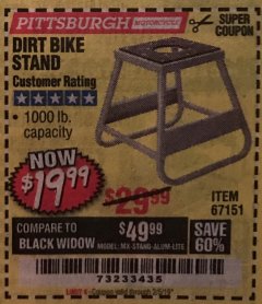Harbor Freight Coupon 1000 LB. CAPACITY DIRT BIKE STAND Lot No. 67151 Expired: 2/5/19 - $19.99
