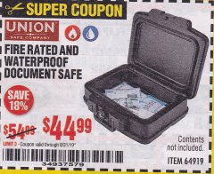 Harbor Freight Coupon FIRE RATED AND WATERPROOF DOCUMENT SAFE Lot No. 64919 Expired: 8/31/19 - $44.99