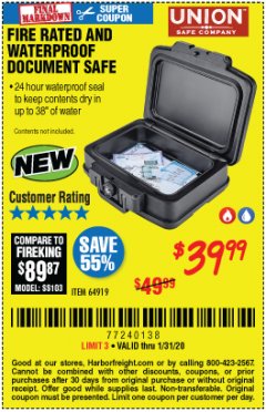 Harbor Freight Coupon FIRE RATED AND WATERPROOF DOCUMENT SAFE Lot No. 64919 Expired: 1/31/20 - $39.99