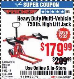 Harbor Freight Coupon 750 LB. HIGH LIFT JACK Lot No. 63298 Expired: 9/13/20 - $179.99