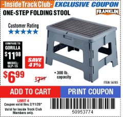 Harbor Freight ITC Coupon FRANKLIN ONE-STEP FOLDING STEP STOOL Lot No. 56185 Expired: 2/11/20 - $6.99