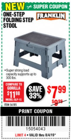 Harbor Freight Coupon FRANKLIN ONE-STEP FOLDING STEP STOOL Lot No. 56185 Expired: 8/4/19 - $7.99
