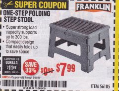 Harbor Freight Coupon FRANKLIN ONE-STEP FOLDING STEP STOOL Lot No. 56185 Expired: 8/31/19 - $7.99