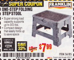Harbor Freight Coupon FRANKLIN ONE-STEP FOLDING STEP STOOL Lot No. 56185 Expired: 9/30/19 - $7.99
