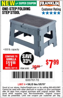 Harbor Freight Coupon FRANKLIN ONE-STEP FOLDING STEP STOOL Lot No. 56185 Expired: 9/8/19 - $7.99