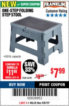 Harbor Freight Coupon FRANKLIN ONE-STEP FOLDING STEP STOOL Lot No. 56185 Expired: 9/8/19 - $7.99