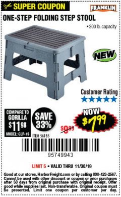 Harbor Freight Coupon FRANKLIN ONE-STEP FOLDING STEP STOOL Lot No. 56185 Expired: 11/30/19 - $7.99