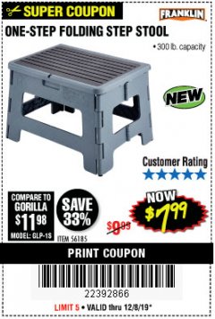 Harbor Freight Coupon FRANKLIN ONE-STEP FOLDING STEP STOOL Lot No. 56185 Expired: 12/8/19 - $7.99