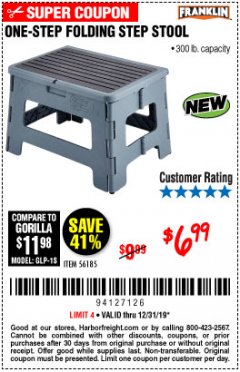 Harbor Freight Coupon FRANKLIN ONE-STEP FOLDING STEP STOOL Lot No. 56185 Expired: 12/31/19 - $6.99